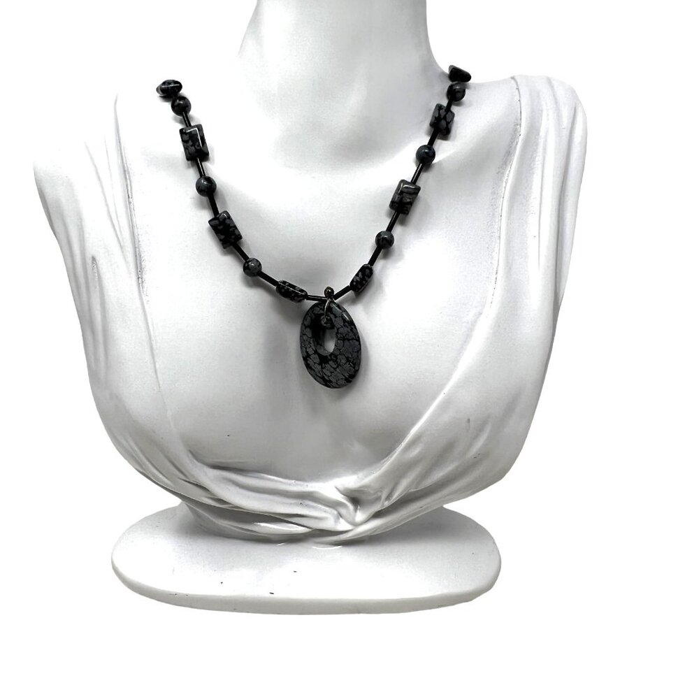 Boho Necklace Gray Black Beaded Marbled Acrylic Beads Silver‎ Tone